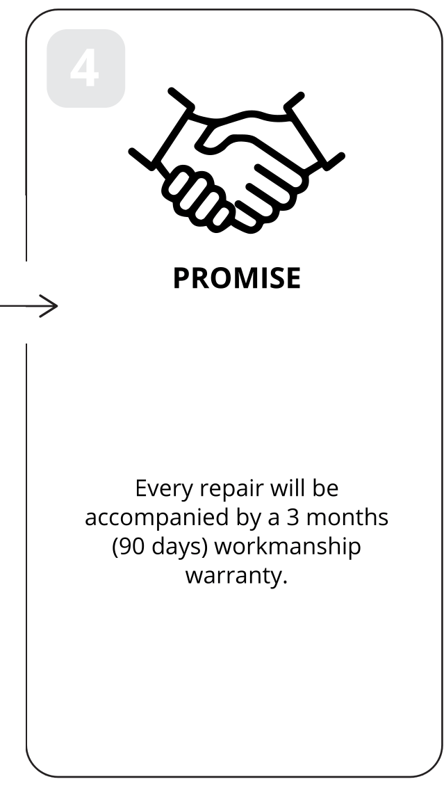 4: Promise. Every repair will be accompanied by a 3 months (90 days) workmanship warranty.