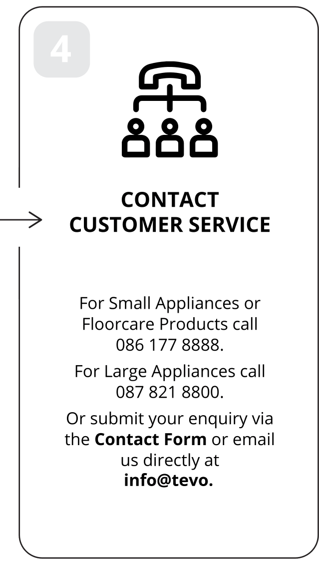 4: Contact customer service. For Small Appliances or Floorcare Products call 086 177 8888. For Large Appliances call 087 821 8800. Or submit your enquiry via the Contact Form or email us directly at info@tevo.co.za.