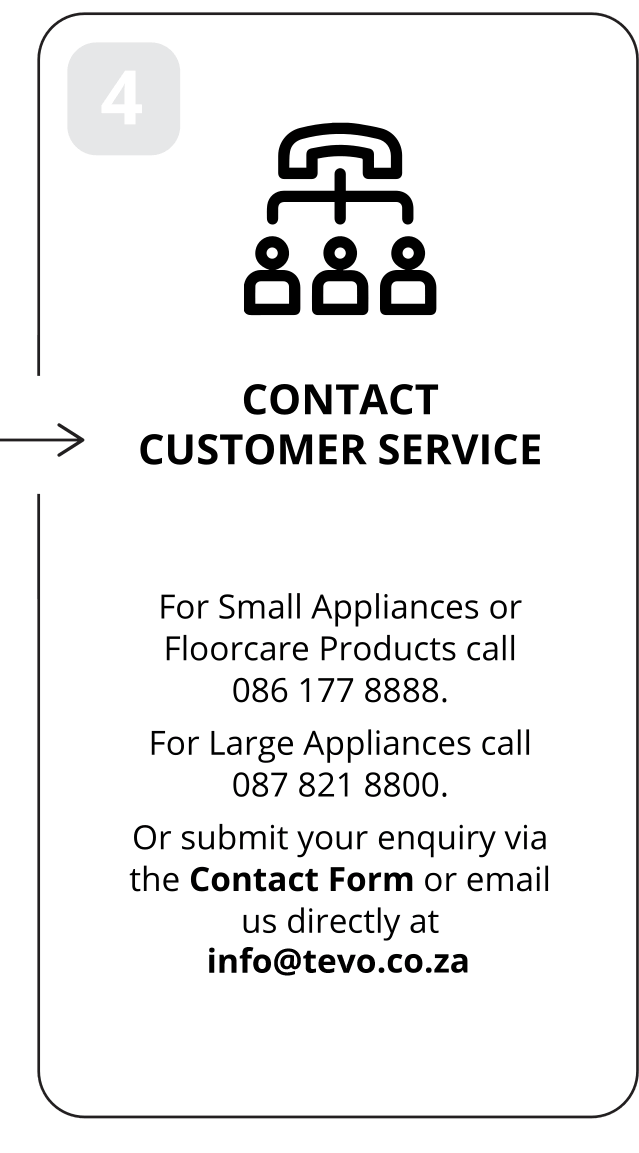 4: Contact customer service. For Small Appliances or Floorcare Products call 086 177 8888. For Large Appliances call 087 821 8800. Or submit your enquiry via the Contact Form or email us directly at info@tevo.co.za.