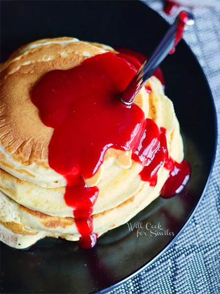 Crumpet stack with bloody knife in the middle