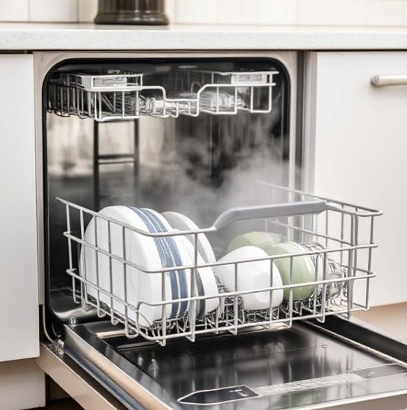 dishwasher door open with a burst of warm steam