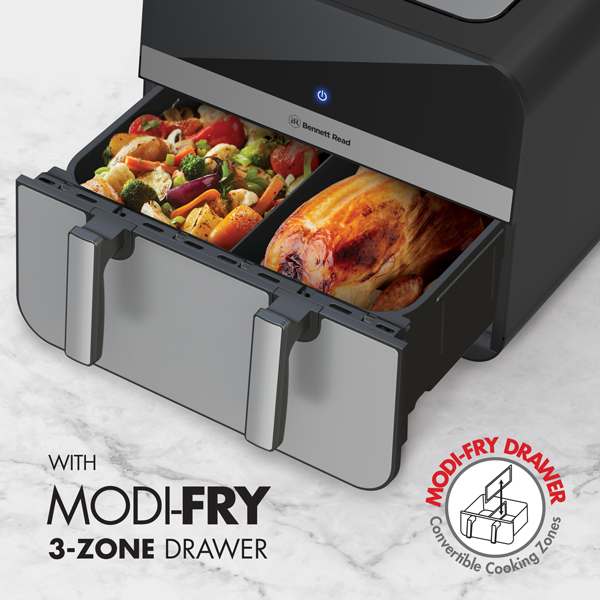 Triple Zone 10L Air Fryer, Image of Partitioned Basket with Chicken and Veggies