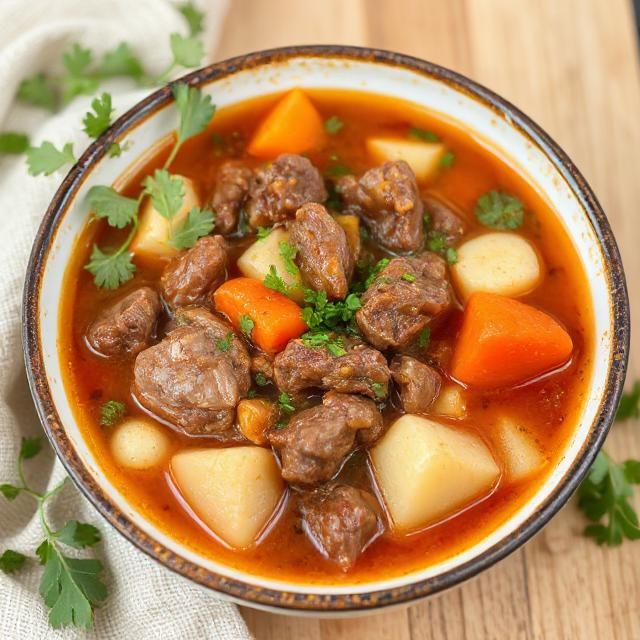 winter soup recipe, beef and vegetable stew in a bowl