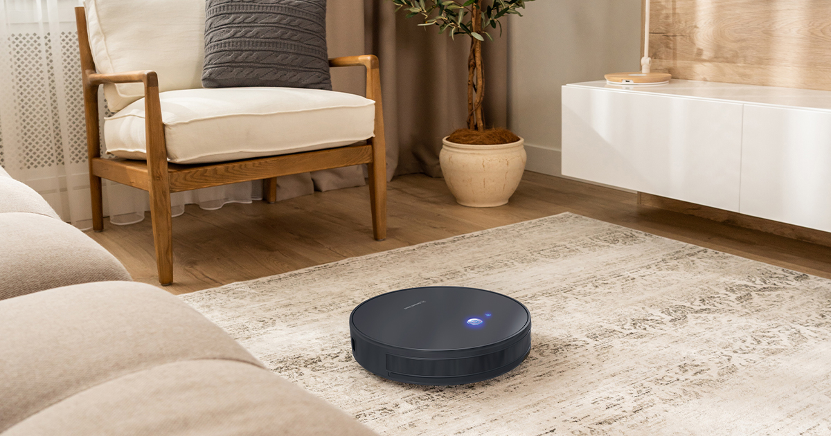 robot vaccum in use, cleaning carpet