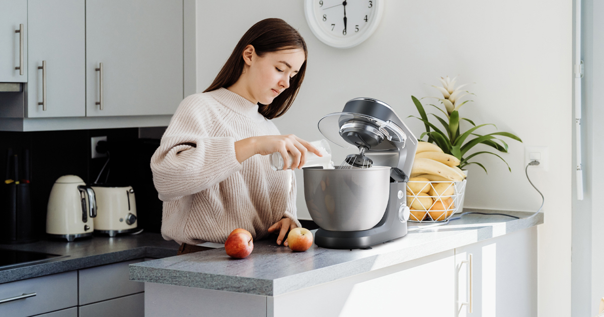 Mixer for Baking Being Used on Kitchen Countertop