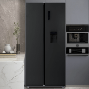 sleek black fridge in kitchen
