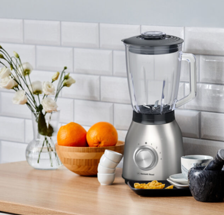 Silver blender on kitchen countertop