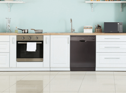 Black dishwasher in kitchen