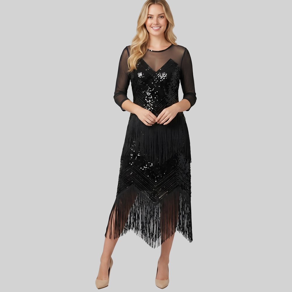 Cath.Nic Glamour Dresses - Ladies 3 or 4 Mesh Sleeve Sequin Knit Dress