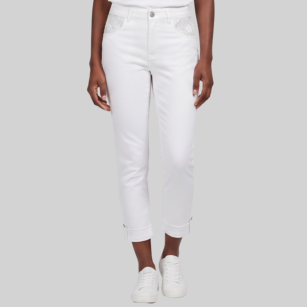 Cath.Nic Smart Casual Denim Capris - Ladies Embellished Pocket and Cuff Woven Capri
