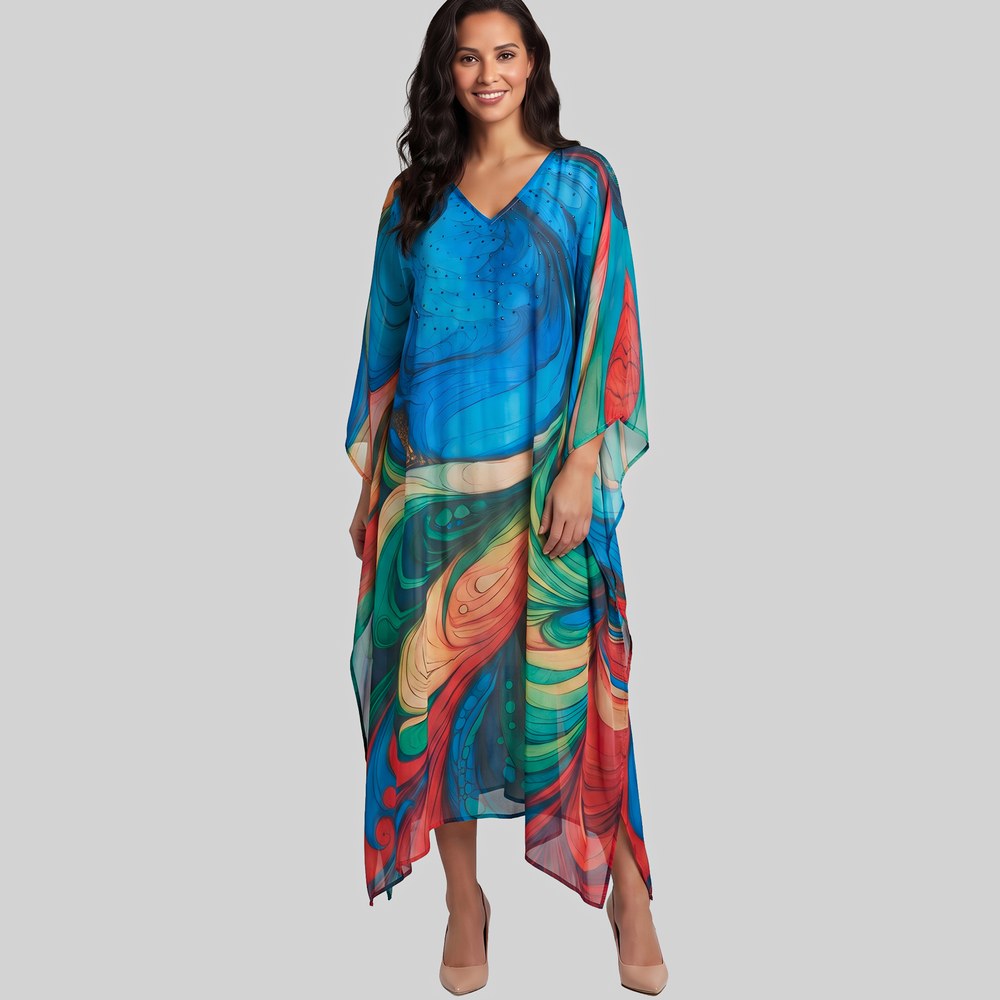 Kaftans - Ladies Woven Bright Swirl Print Kaftan