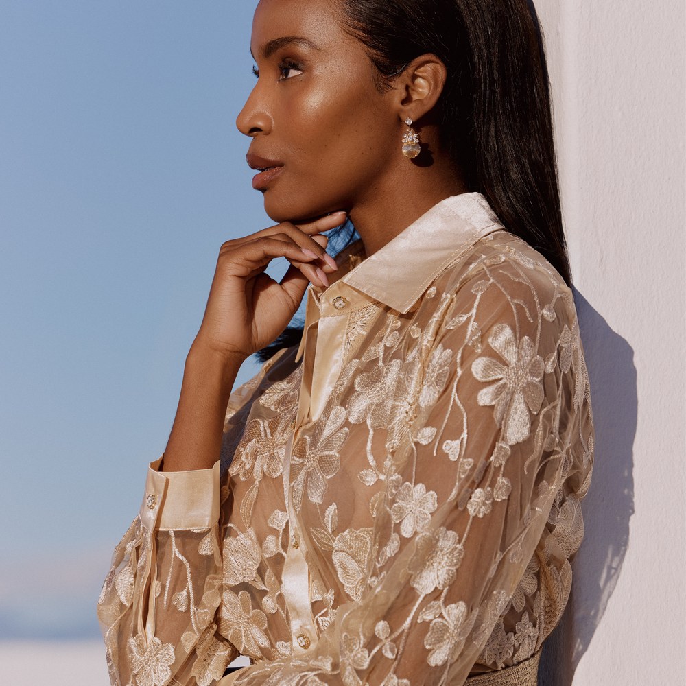 Cath.Nic Glamour Woven Tops - Ladies Floral Lace Woven Shirt with Embellished Buttons