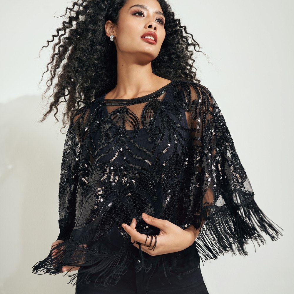 Scarve Accessory LW - Ladies Fringed Sequin Knit Poncho