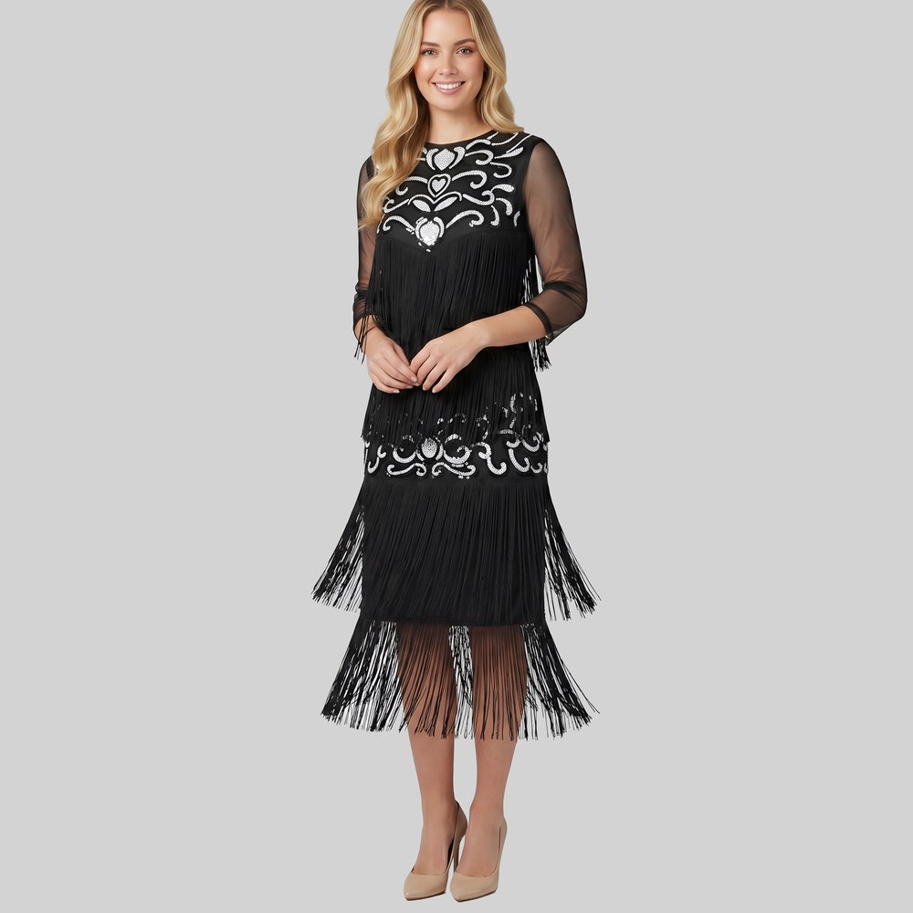 Cath.Nic Glamour Dresses - Ladies 3 or 4 Sleeve Sequins and Tassel Knit Dress
